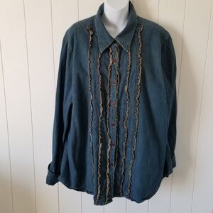 St Johns Bay Women's Denim Ruffled Boho Top Size 3X Long Sleeve